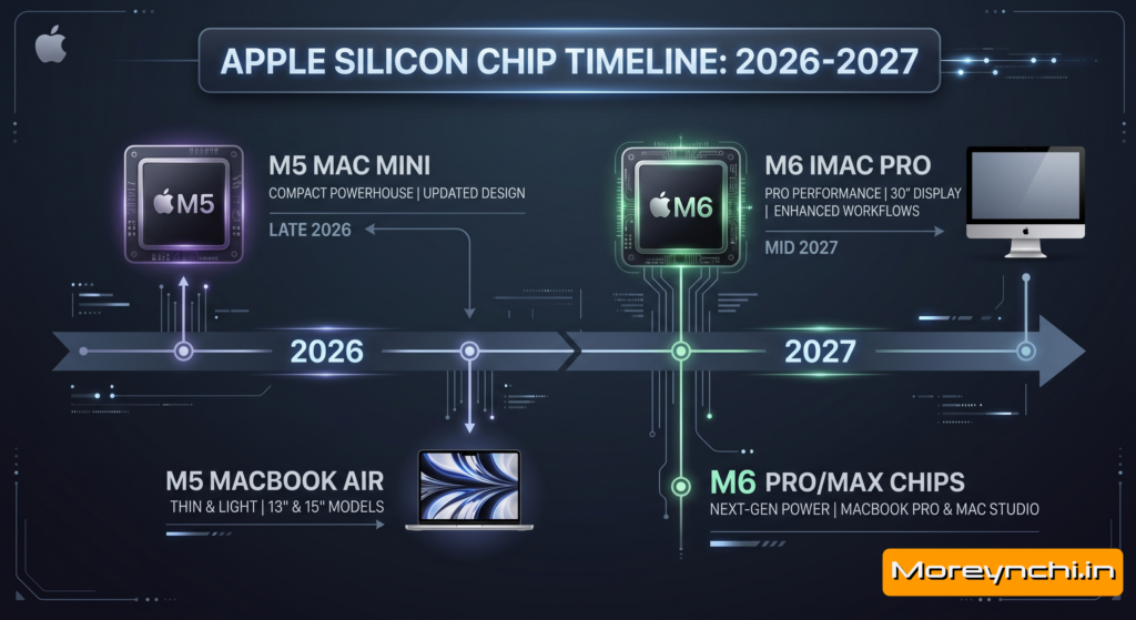 Infographic showing the leaked release dates for M5 Mac Mini, M5 Mac Studio, and M6 MacBook Pro through 2027.